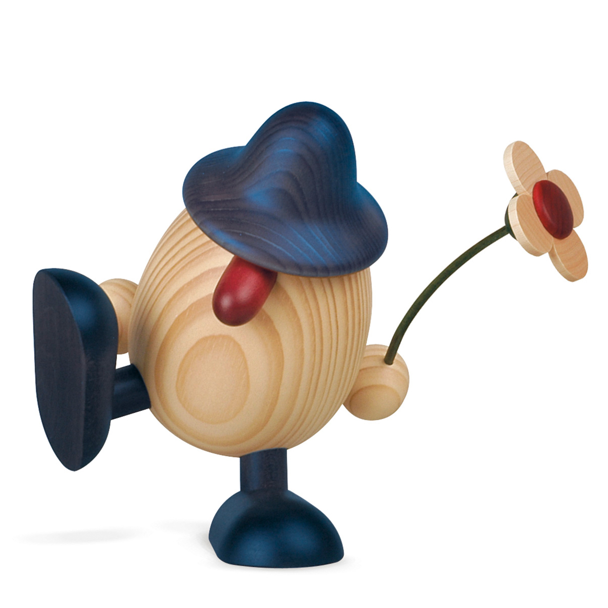 Eierkopf Vater Alfons mit Blume auf Kante sitzend/tanzend, blau
