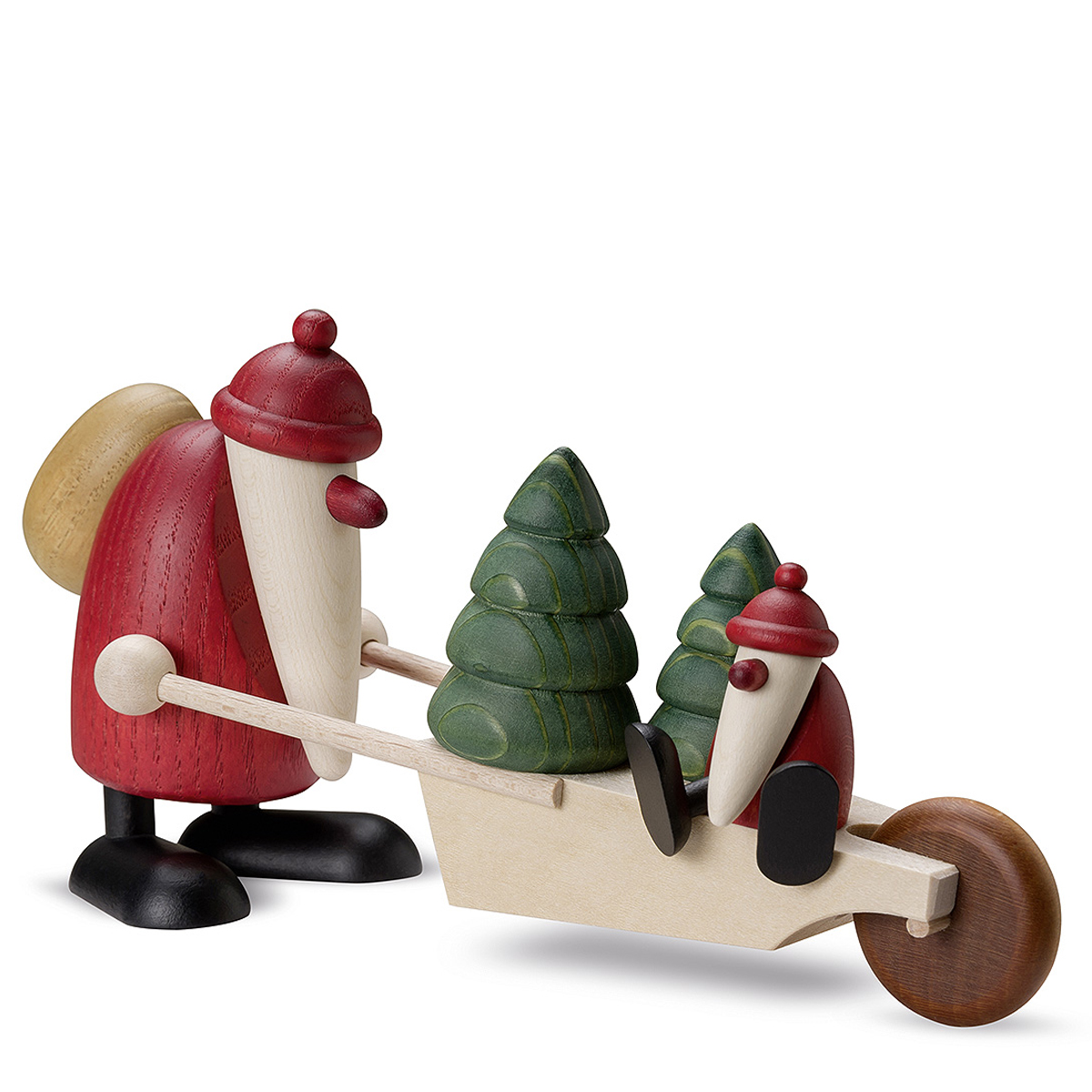 Santa Claus with a child and trees on a wheelbarrow, 9 cm