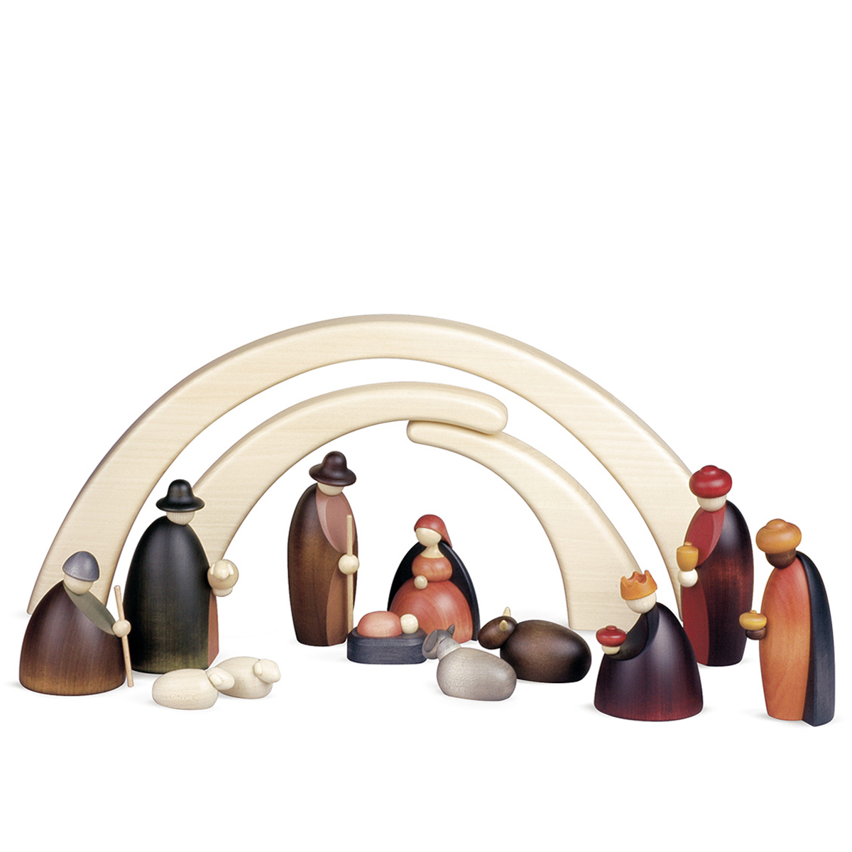 Set of 12 crib figures with stable, small, coloured