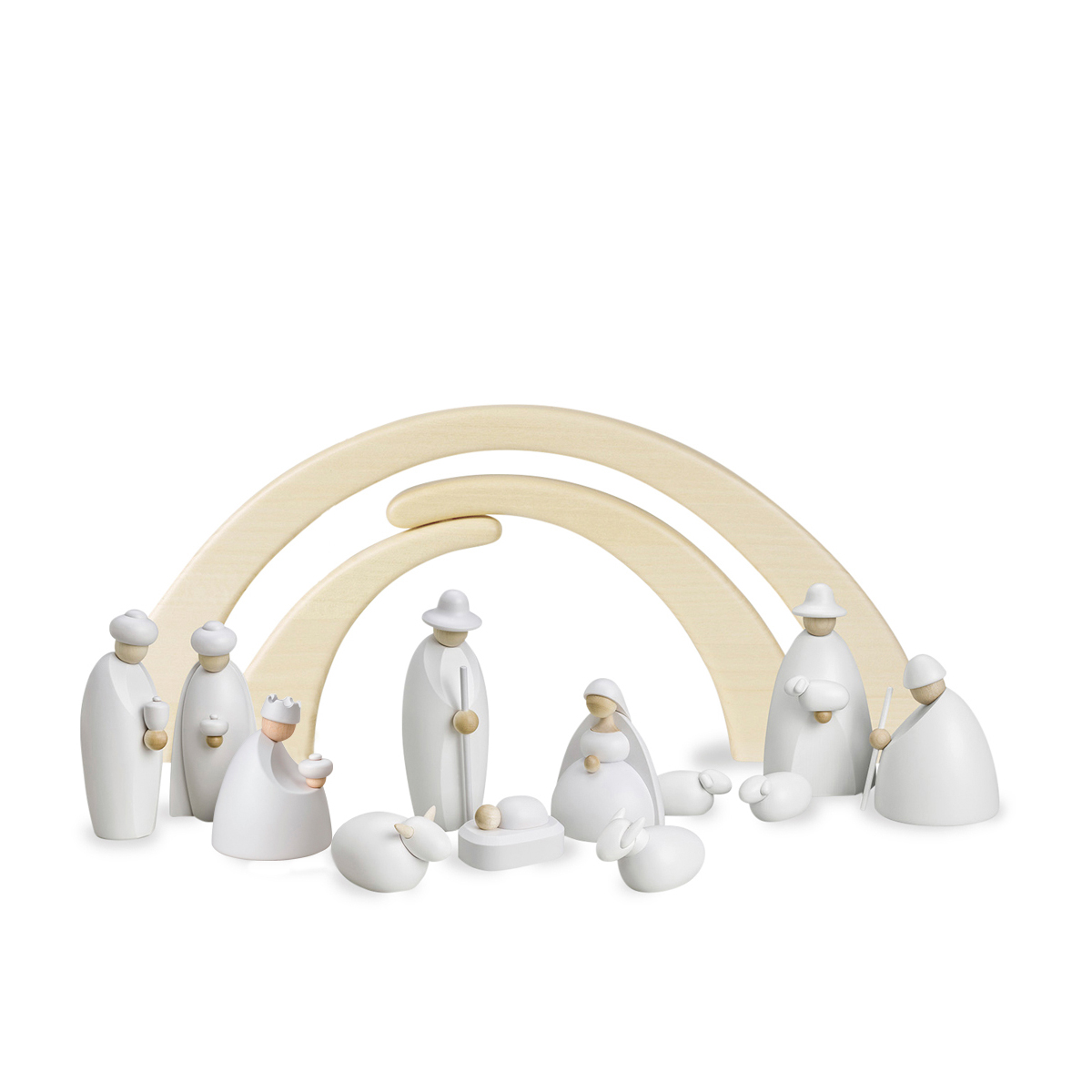 Set of 12 crib figures with stable, small, white