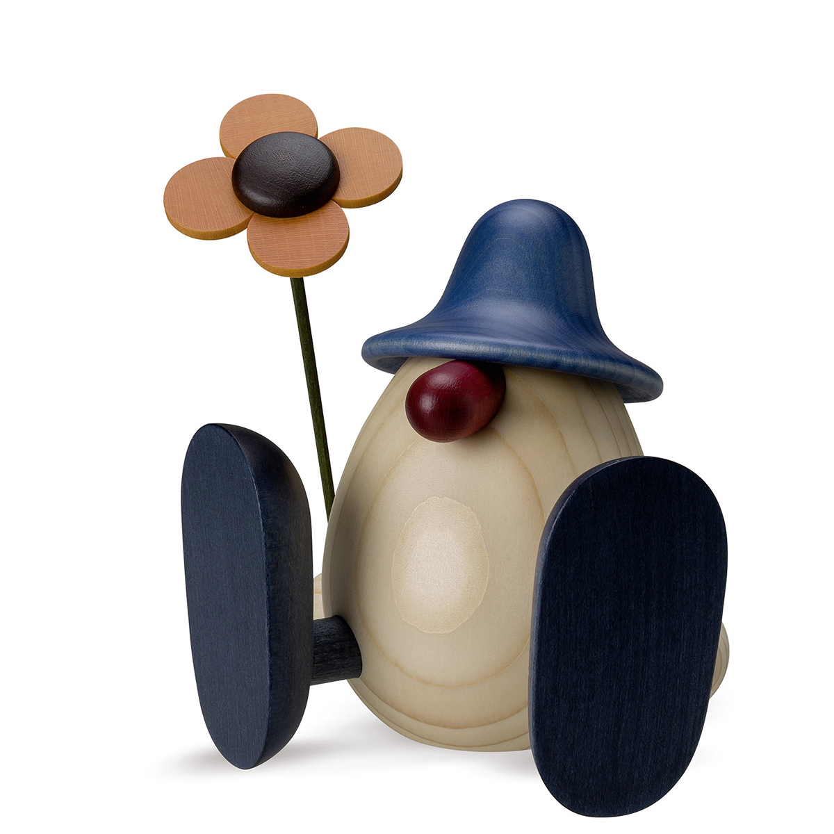 810B_blau_lb Eierkopf Erwin mit Blume sitzend, blau