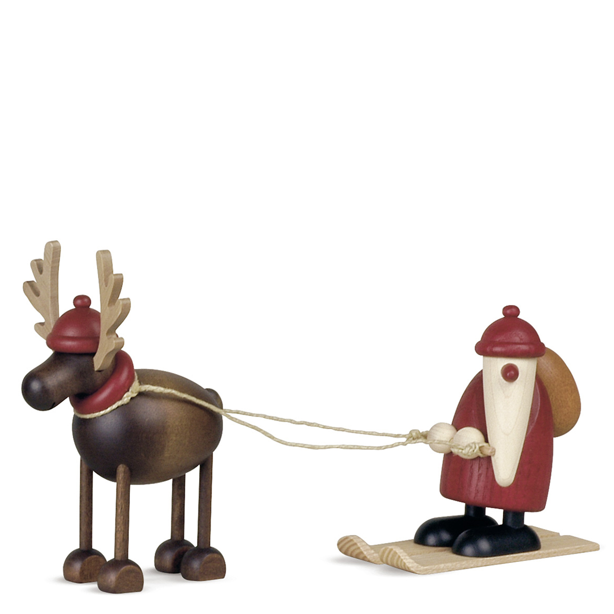 Rentier Rudolf mit Weihnachtsmann auf Ski, klein Rentier Rudolf mit Weihnachtsmann auf Ski, klein