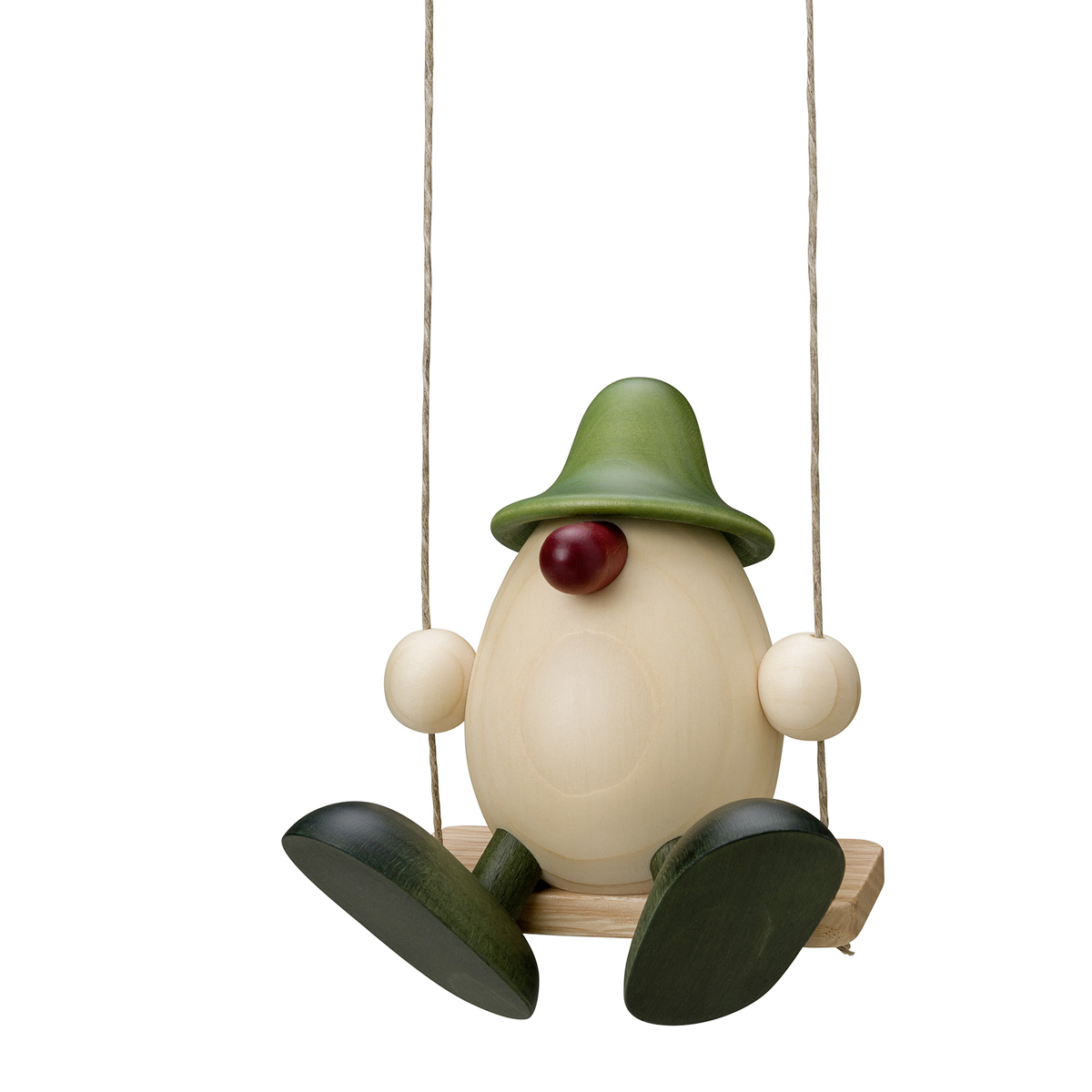 Egghead Bruno on a swing, green
