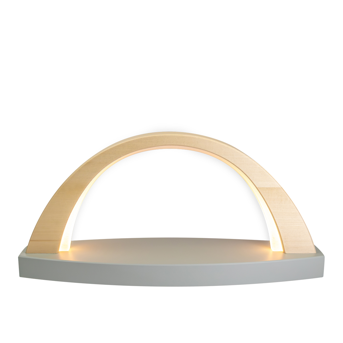LED LichtBogen klein, Lindenholz natur, Sockel grau