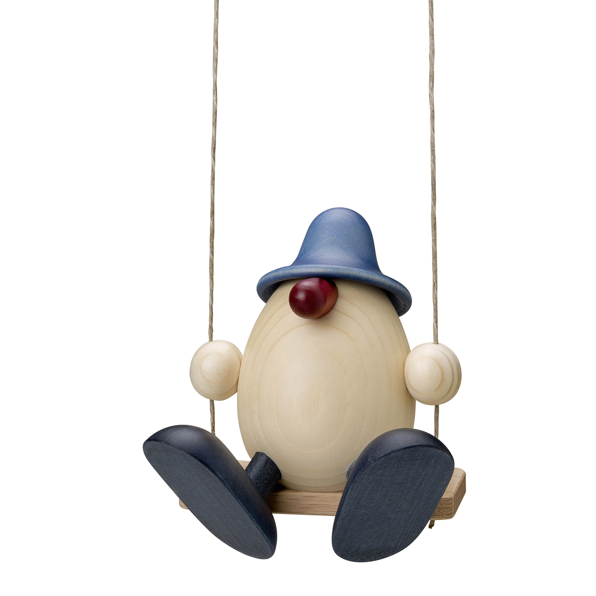 Egghead Bruno on a swing, blue