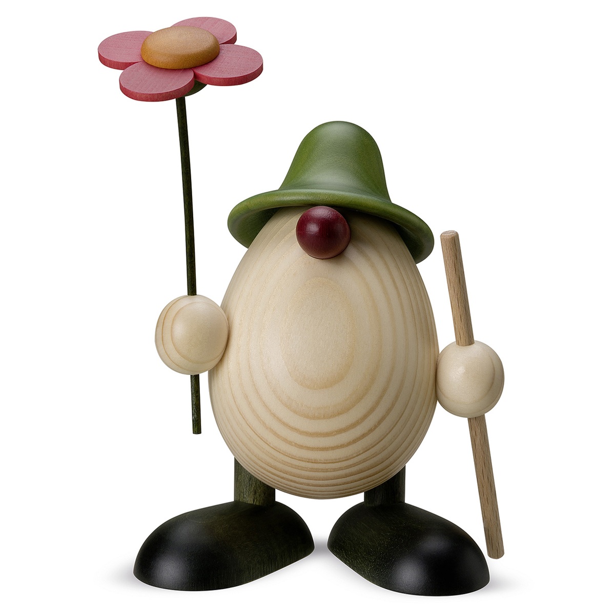 820BS_gru-n_lb Eierkopf Rudi mit Blume und Stock, grün