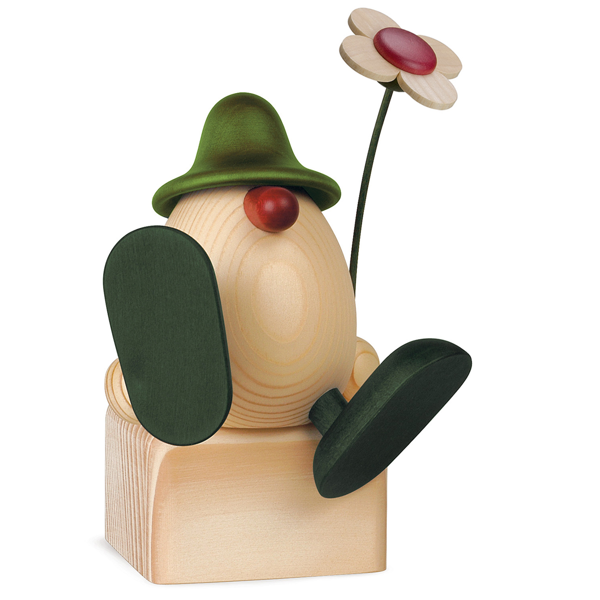 Egghead Alfons sitting/dancing, with flower, green